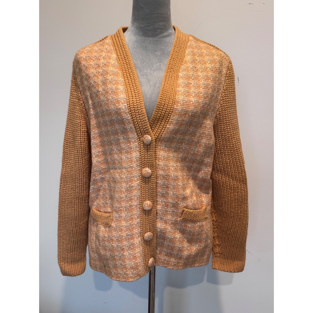 Vintage granny Irish Tweed Wool Cardigan Sweater Orange Houndstooth Made Ireland